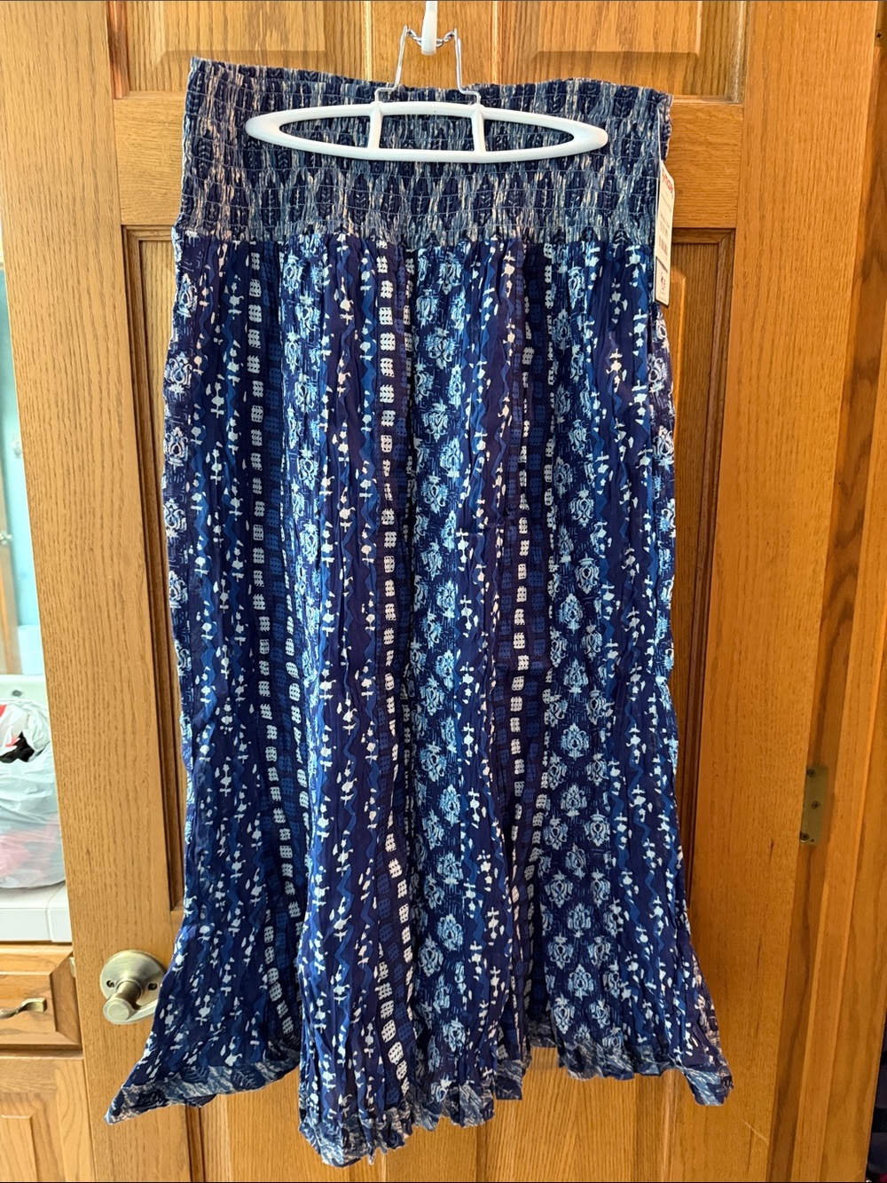 Navy Blue Patterned Smocked Waist Maxi Skirt